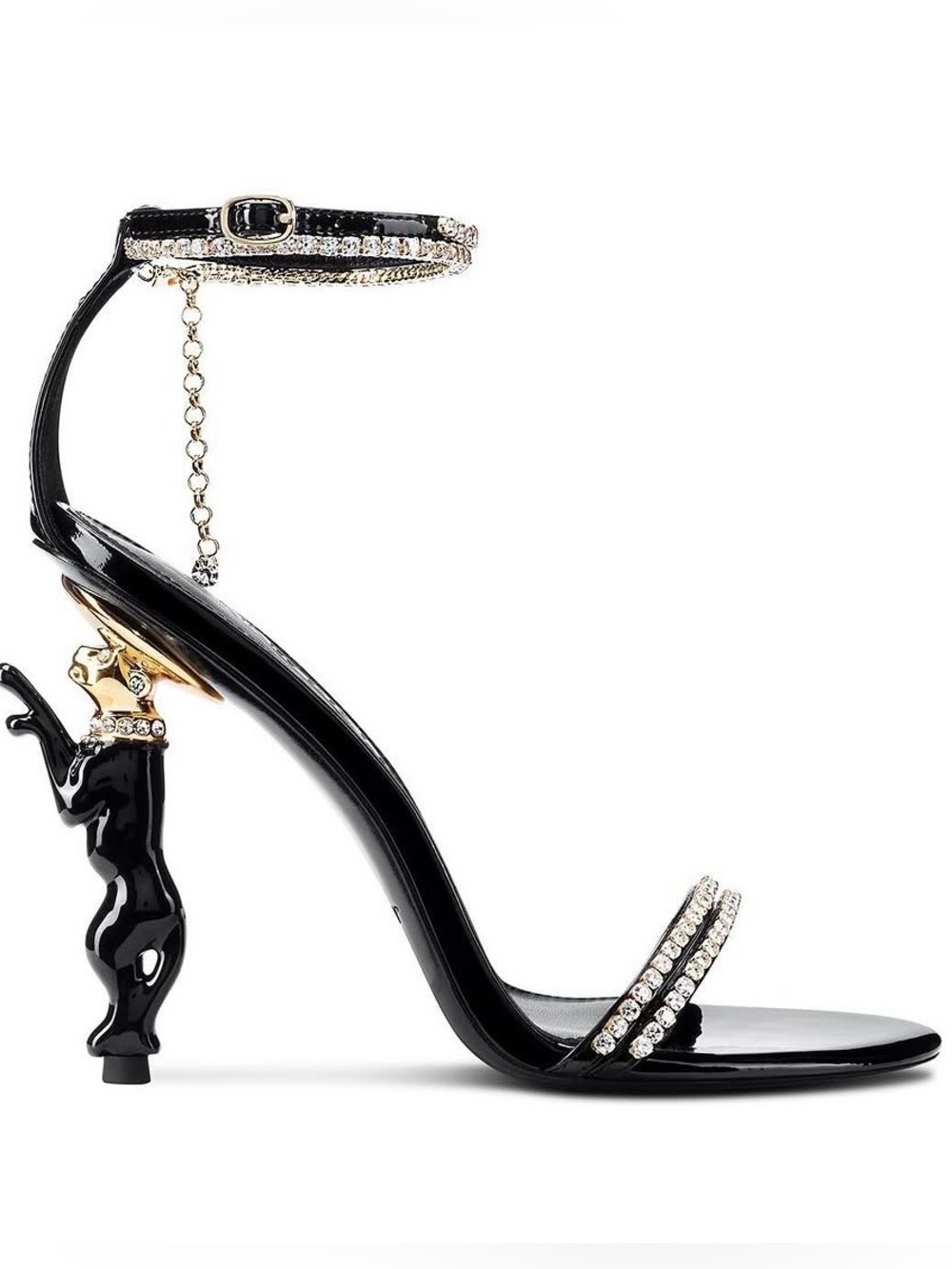 Jennifer Le Panther Black Patent Ankle-Strap High Heel Sandal